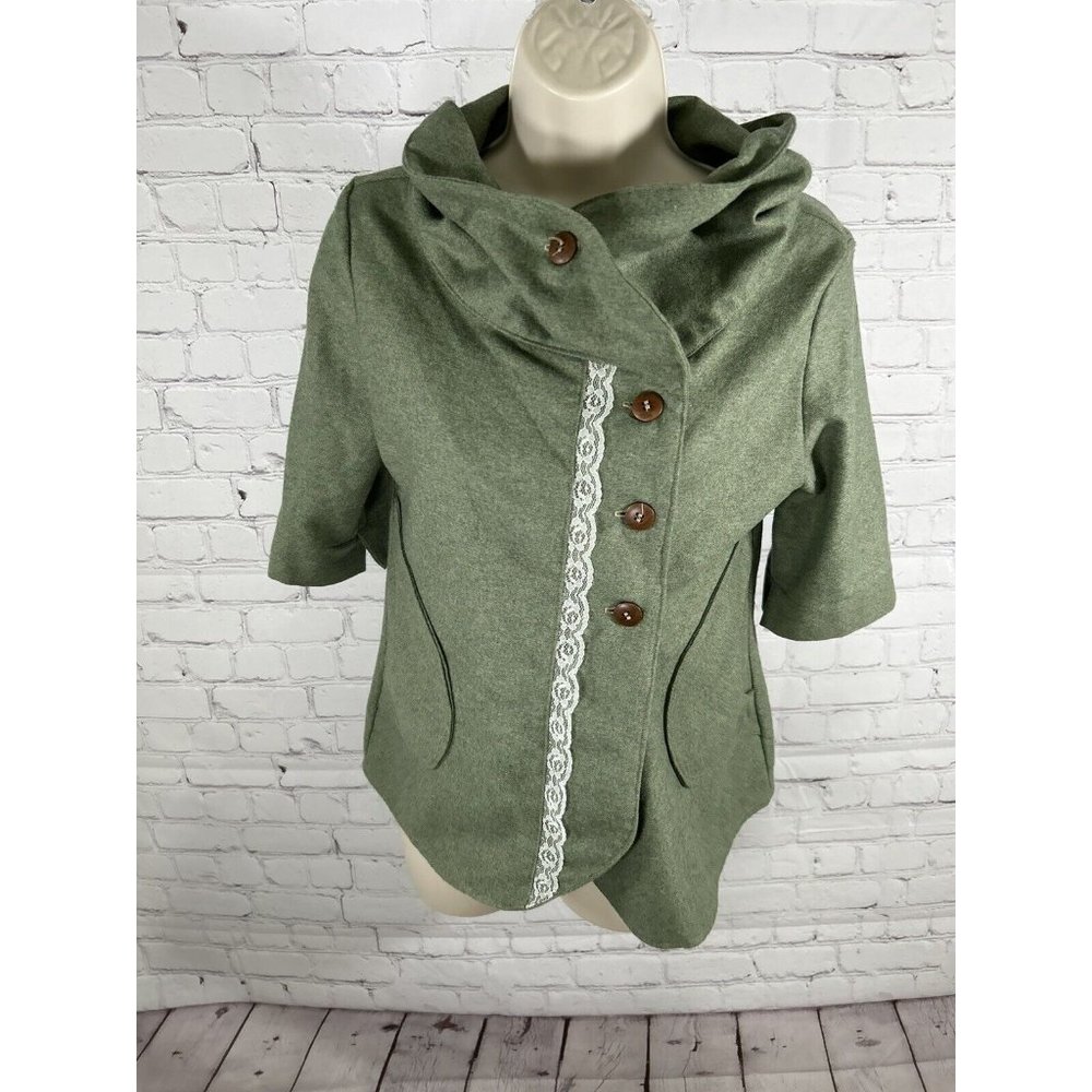 Little Houses Green Wool Button Up Lace Accent Knit Mock Neck Top Women’s M
